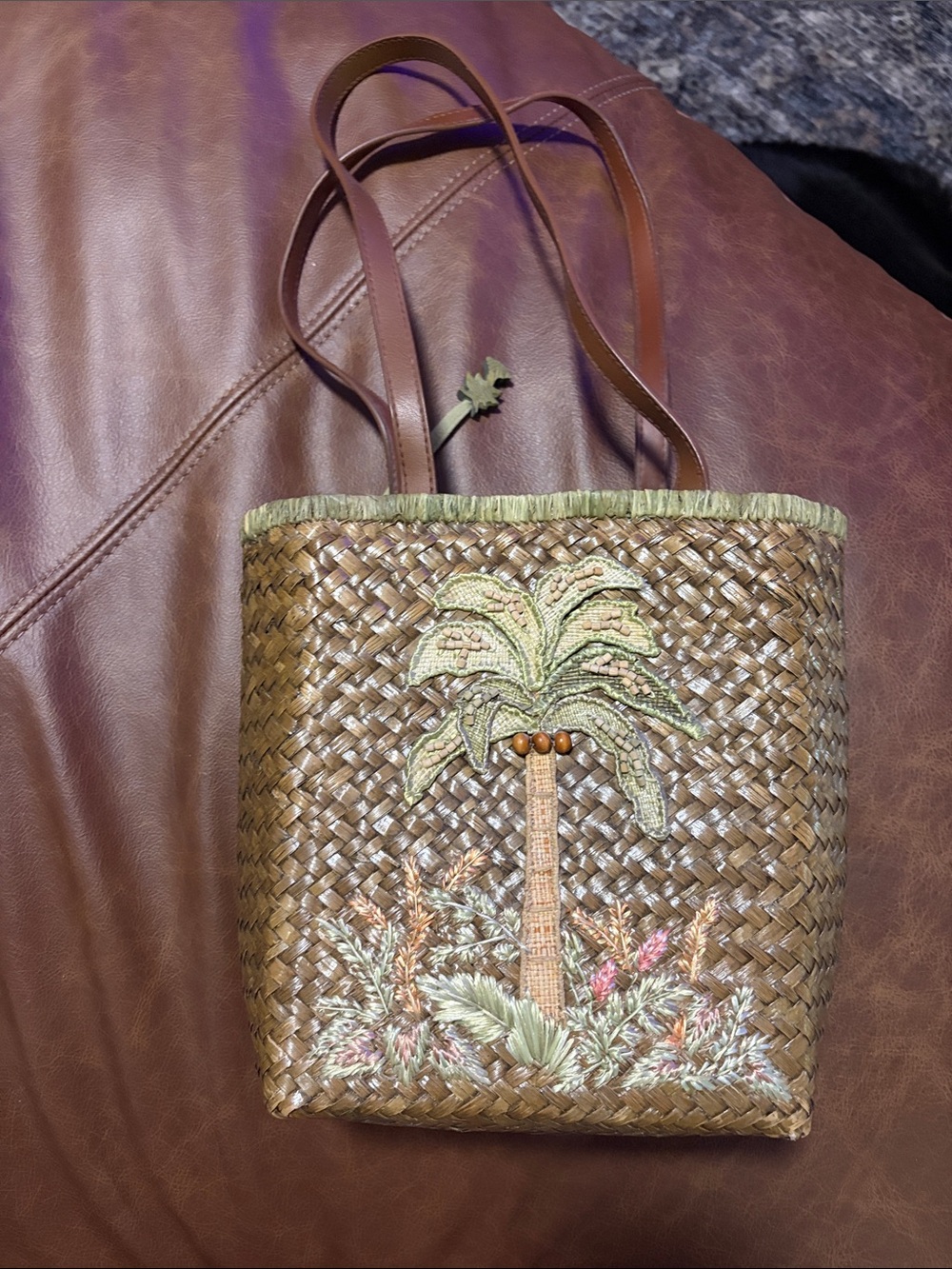 Brown Woven Palm-Embroidered Tote with Leather Straps